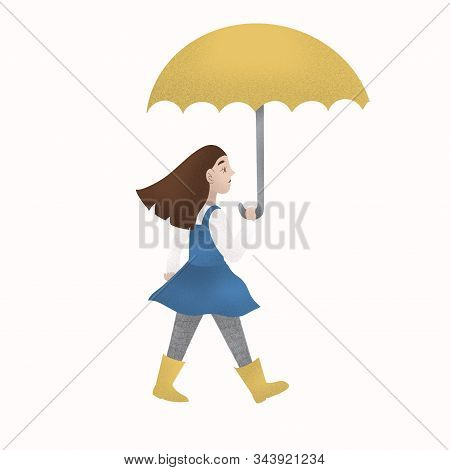 Girl In Blue Dress With Yellow Umbrella Wearing Rainboots. Isolated Picture For Your Projects, Copyc