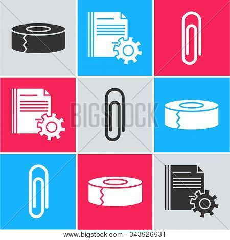Set Scotch, Document Settings With Gears And Paper Clip Icon. Vector