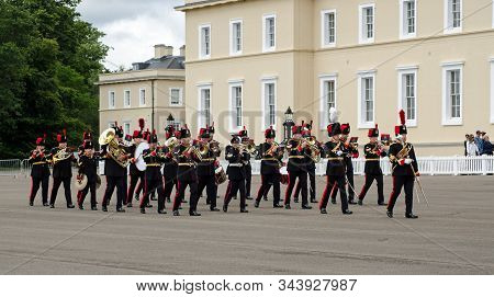 Sandhurst, Berkshire, Uk - June 16, 2019: Royal Artillery Band Marching And Playing At A Performance