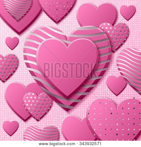 Valentines Day Background With Pink Hearts And Silver Pattern. Silver Luxury Cover On Roseate Backgr