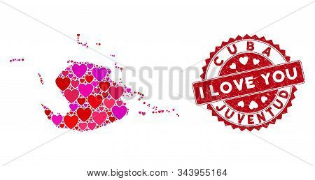 Valentine Mosaic Juventud Island Map And Corroded Stamp Watermark With I Love You Words. Juventud Is