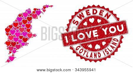 Love Mosaic Gotland Island Map And Grunge Stamp Watermark With I Love You Badge. Gotland Island Map 