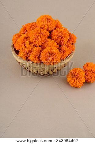 Marigold (zendu Flowers) Flowers In A Bamboo Basket.