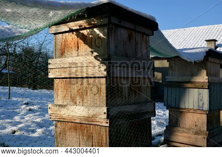 Covered Hives On An Apiary Using A Plastic Net. Protection From Birds In Winter. They Like To Bother