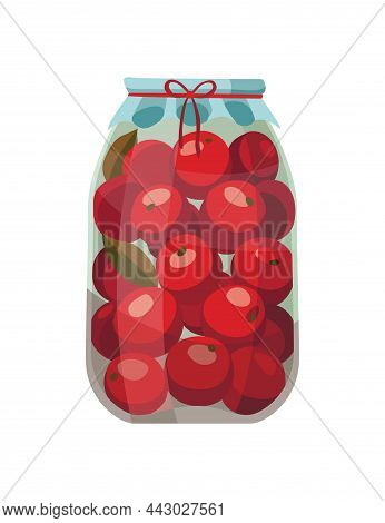 Jar Preserved Vegetables. Can Of Pickled Tomatoes. Cartoon Canned Food In Glass. Grocery Conserve Co