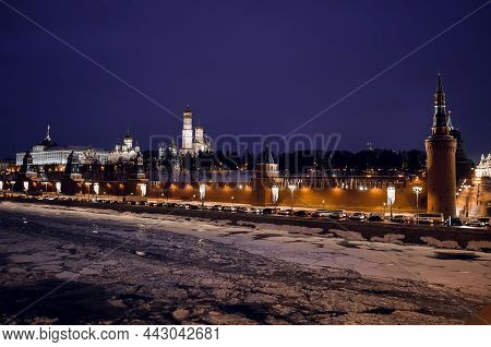 Panorama Of Winter Moscow Apital Of Russia. Kremlin, Kremlin Wall, Churches, Grand Kremlin Palace