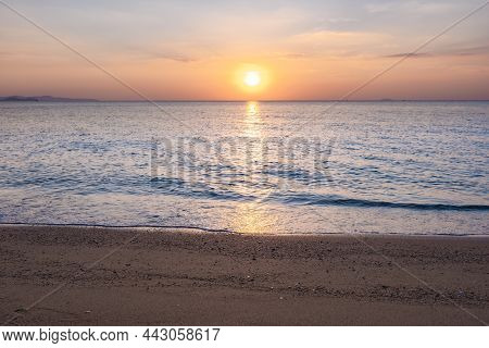Najomtien Beach Pattaya Thailand, Sunset At A Tropical Beach With Palm Trees. Pattaya Thailand