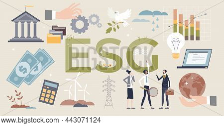 Esg Items As Environmental, Social And Governance Tiny Person Collection Set. Ethical And Responsibl