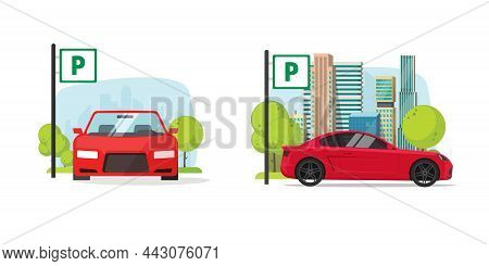 Parking Lot Zone For Car Vector Or Automobile Park Space Area On City Street Scene Flat Cartoon Illu