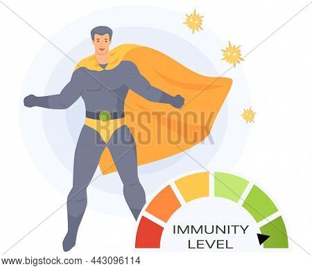 Man In Super Man Costume And Circular Spectrum Of Level Of Immunity. Power Of Imunity To Fight Disea