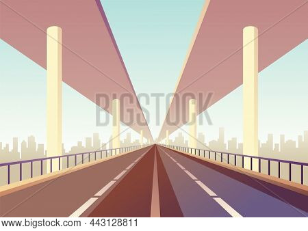 Empty two lavels speed highway. Straight road through to city landscape. Metropolis on background. Asphalt way and town land view