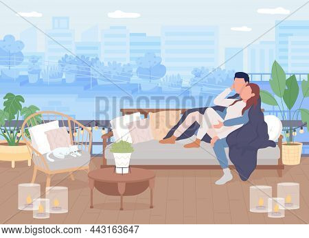 Date On Rooftop Flat Color Vector Illustration. Man And Woman Cuddling On Couch On Roof. Hygge Lifes