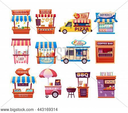 Food Market. Set Of Street Tent, Car, Truck, Van Selling Fruits, Bread, Pizza, Dairy Product, Candy,
