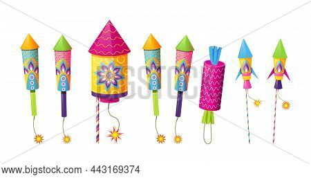 Set Of Petards, Cracker And Fireworks Decorated With Design Elements. Collection Of Pyrotechnic Equi