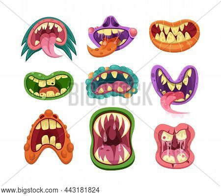 Funny Monster Mouth Set With Different Expressions. Horrible Character With Teeth, Lips, Drooling, S