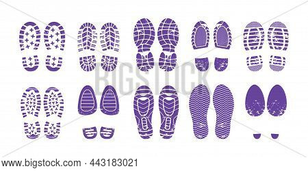 Human Shoes Blue Footprint Set. Shoe Soles Print Of Tread, Boots, Sneakers, Footgear On Heels. Textu