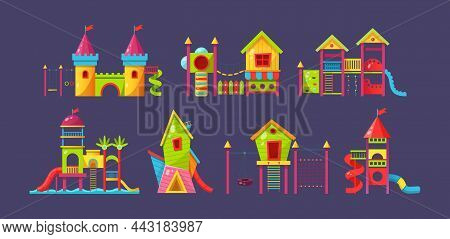 Children Playground Set. Children Amusement Outdoor Park, With Attractions, Carousels, Children Slid