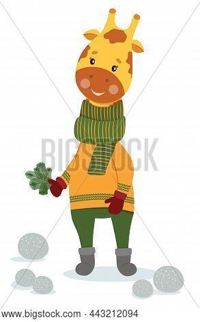 Funny Cartoon Giraffe With A Fir Branch.