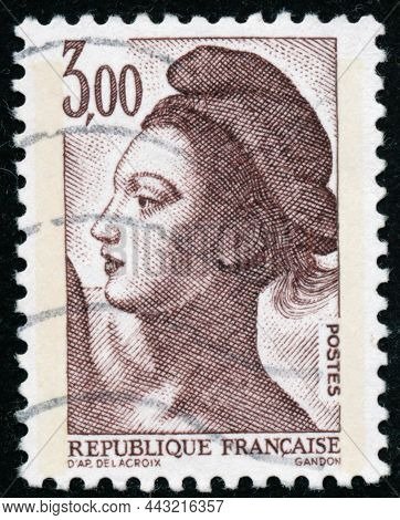 Three Vintage Stamp Printed In France Circa 1982 Shows Woman, The French Symbol Of Liberty