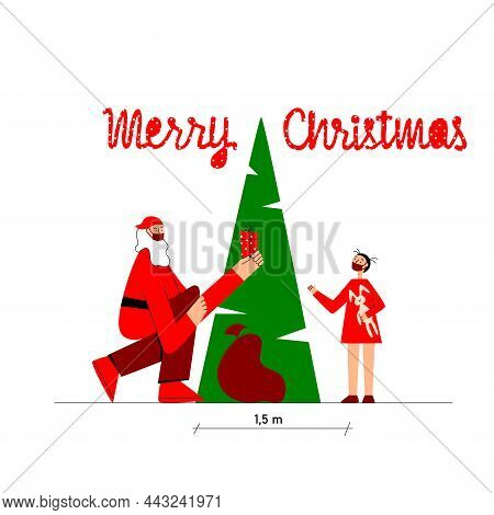 Santa Claus With Mask Is Giving Present To Girl. Christmas In Covid-19 Period. Vector Stock Flat Ill