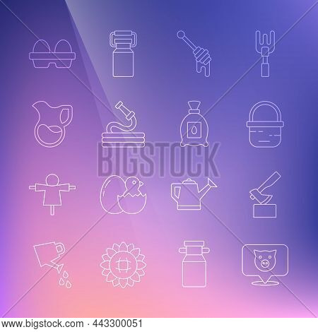 Set Line Pig, Wooden Axe, Basket, Honey Dipper Stick, Garden Hose, Jug Glass With Milk, Chicken Egg 