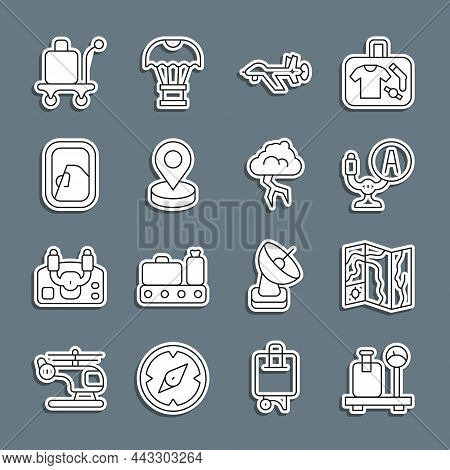 Set Line Scale With Suitcase, World Travel Map, Aircraft Steering Helm, Uav Drone, Location, Airplan