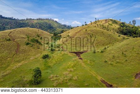 Bald Mountain Or Phu Khao Ya With Green Grass Field And Blue Sky. One Of Natural Travel Attraction I
