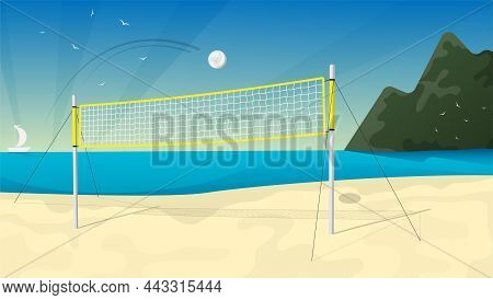 Beach Volleyball Court With Net, Against Backdrop Of Seascape. Oceanfront With Beach Volleyball Fiel