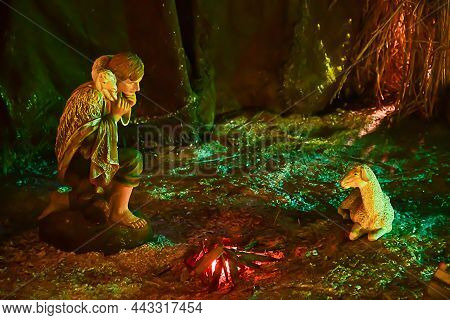 Hand Made Christmas Crib With Closeup Of A Shepherd