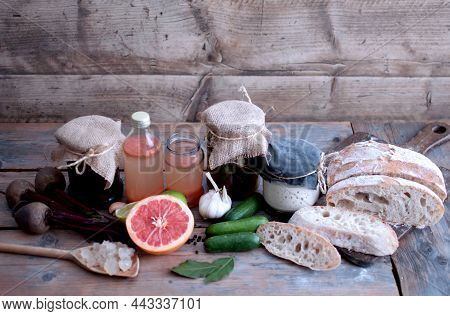 Traditionally Fermented Food, Including Cucumbers And Beetroot, Sourdough Starter, With Bread And Wa