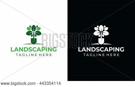 Garden Shovel And Tree With Green Leaves Logo Template. Gardening Plant, Garden Tool Vector Design