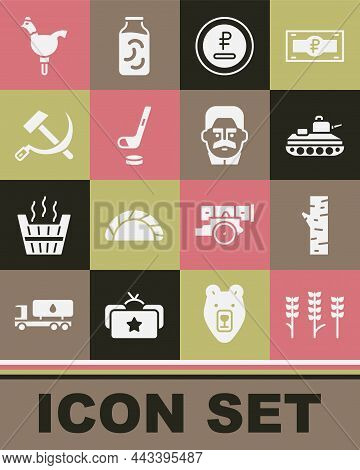 Set Wheat, Birch Tree, Military Tank, Rouble, Ruble Currency, Ice Hockey Stick And Puck, Hammer Sick
