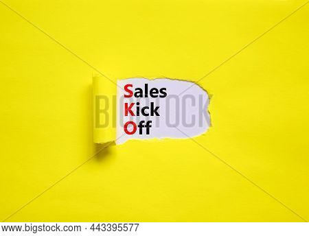 Sko Sails Kick Off Symbol. Concept Words Sko Sails Kick Off On White Paper. Beautiful Yellow Backgro