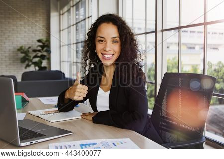 Start Up Portrait Hipster Businesswoman Working With A Bright Smile And Happy Thumbs Up While Doing 