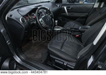 Novosibirsk, Russia - November 18, 2021:  Nissan Qashqai, Dashboard, Player, Steering Wheel, Acceler