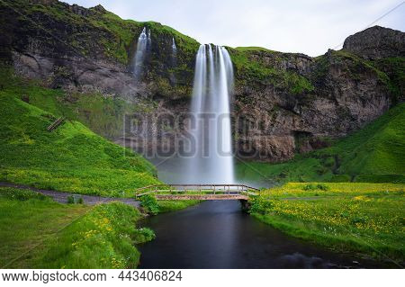 Seljalandsfoss Waterfall On The Seljalands River In Iceland. Long Exposure.