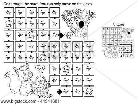 Maze Or Labyrinth Game. Puzzle. Coloring Page Outline Of Cartoon Squirrel With Basket Of Mushrooms. 