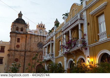 The Colorful Buildings Of Plaza San Pedro Claver In Cartagena, Colombia. High Quality Photo