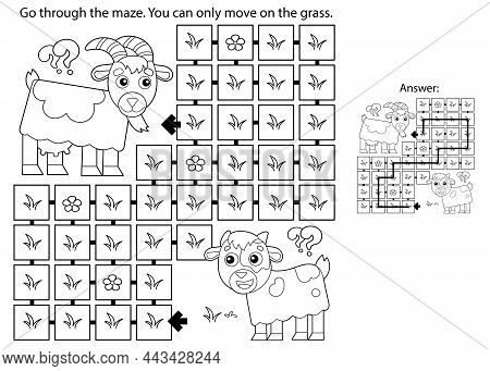 Maze Or Labyrinth Game. Puzzle. Coloring Page Outline Of Cartoon Goat With Goatling Or Kid. Farm Ani