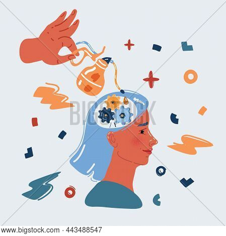 Vector Illustration Of Human Head And Gears Inside. Psycho Therapeutic And Worldview Changing Concep