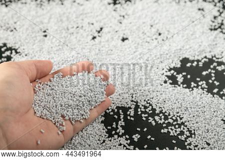 White Plastic Beads On Wood  Background, Polymers Bead Or Polymer Resin, Polymer Pallet, Product Fro