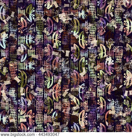 Exotic Multicoloured Boho Stripe Line Print. Seamless Autumnal Dark Ground Detailed Repeat Pattern. 