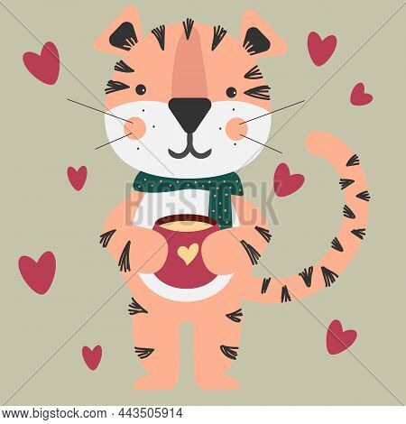 Cute Tiger Cub With A Cup Of Milk With Hearts