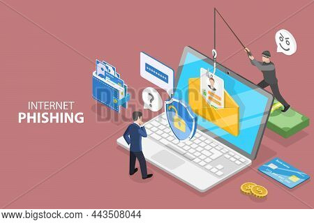 3d Isometric Flat Vector Conceptual Illustration Of Internet Phishing, Cyber Fraud Warning, Online S