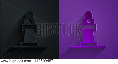 Paper Cut Speaker Icon Isolated On Black On Purple Background. Orator Speaking From Tribune. Public 
