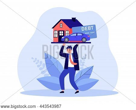 Businessman Carrying Heavy Burden Of House And Car Debts. Man Overcoming Financial Problem Flat Vect