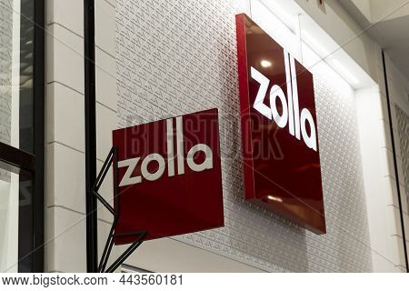 Zolla Clothing Store Sign In The Mall. Close-up. Moscow, Russia, 12-17-2021.