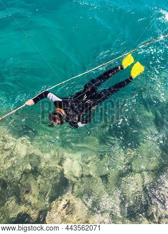 Hurghada, Egypt - May 28, 2021: Man Snokeling In Makadi Bay, Which One Of Egypt Beautiful Red Sea Ri