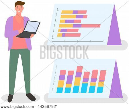 Investment Growth With Digital Technology. Businessman Sitting Is Working On Laptop. Accumulating An