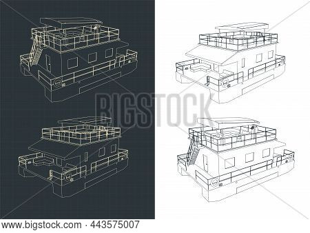 Stylized Vector Illustration Of Drawings Of Pontoon Floating House